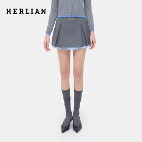 HERLIAN 2026年春季新品格纹拼接下摆学院风百褶裙女灰调叠格短裙