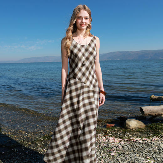 三彩2026春季新款格纹连衣裙解构无袖圆领A字裙收腰长裙M 商品图1