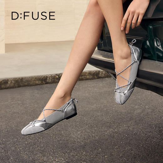 Dfuse迪芙斯2026春季新款方头羊皮网布拼接交叉绑带芭蕾舞鞋玛丽珍单鞋DFE1111090 商品图2