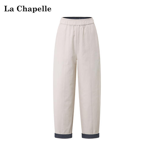 天猫同步【日系休闲风】拉夏贝尔/La Chapelle设计感松紧高腰时髦撞色卷边小个子显瘦裤子 商品图0