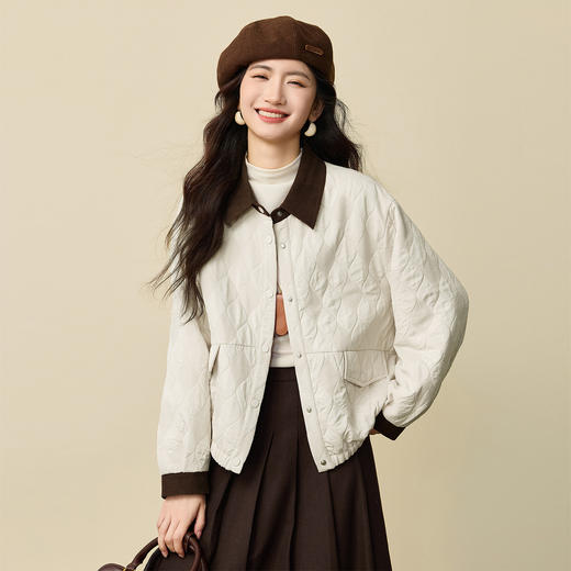 【1/21新品】熙世界巴恩风花苞短外套女2025秋冬新款复古菱格撞色翻领夹克上衣 商品图3