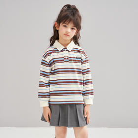 笛莎Deesha 2026春季女童时尚学院风条纹翻领长袖T恤