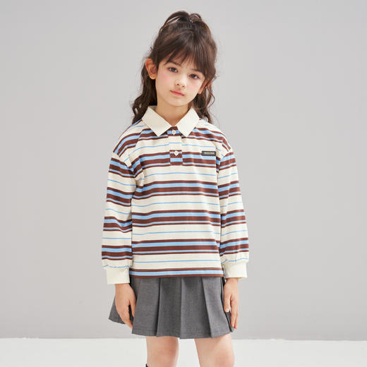 笛莎Deesha 2026春季女童时尚学院风条纹翻领长袖T恤 商品图0