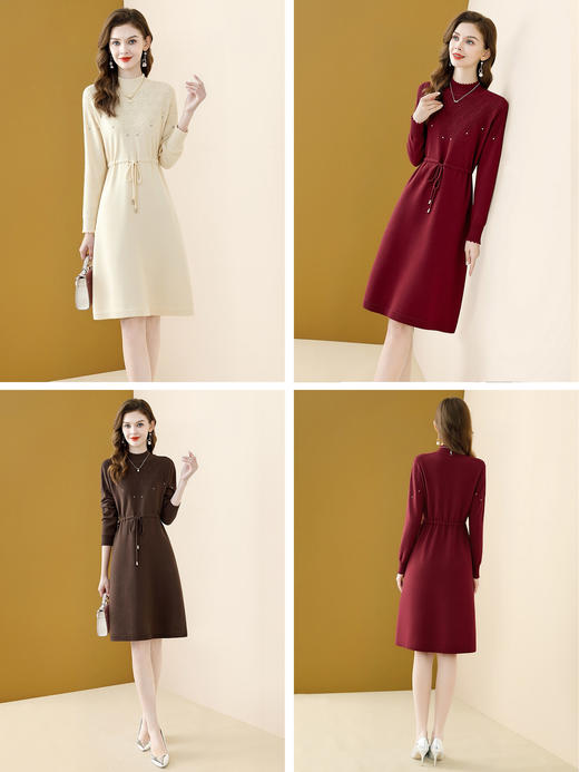 「自」全新升级【铂金会员201/天猫269/差价68】(35018)洛诗琳半高领长袖针织连衣裙女2025秋冬新款洋气镶钻系带显瘦打底裙 商品图3