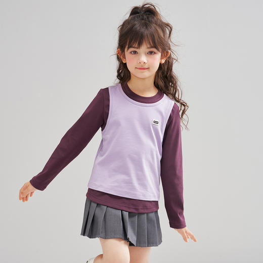 笛莎Deesha 2026春季女童时尚撞色假两件拼接长袖T恤 商品图1
