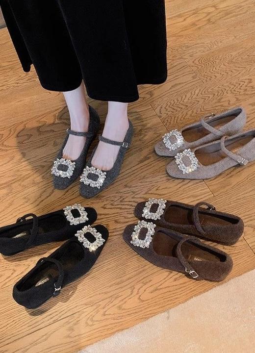 水钻毛呢玛丽珍秋冬加绒方头一字带小粗跟保暖法式女神鞋 商品图7