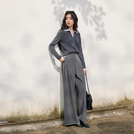 三彩2026春季新款假两件撞色Polo领长袖针织衫上衣套头衫修身S 商品图3