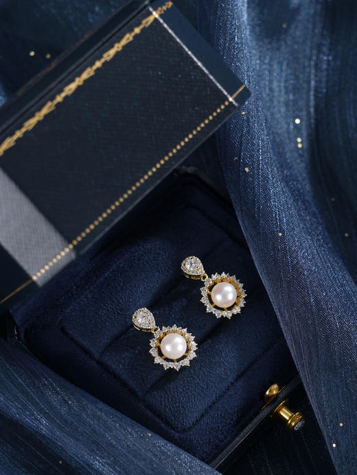 子佩集【星海花开】银S925珍珠惜王妃耳钉【XXED006】6.2mm珠镀金太阳花水滴2601 商品图2