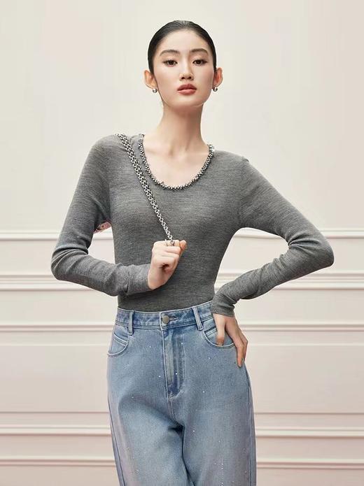 F010780冬季法式气质重工手缝钉钻领亮闪羊毛针织衫 商品图5