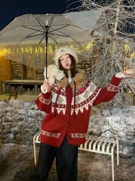 F010709酒红色费尔岛几何提花图案针织开衫女款