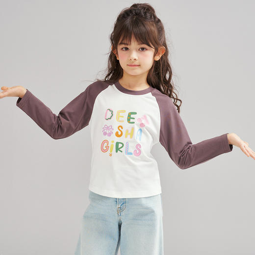 笛莎Deesha 2026春季女童时尚拼色趣味印花长袖T恤 商品图1
