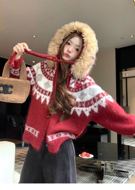 F010709酒红色费尔岛几何提花图案针织开衫女款 商品图7