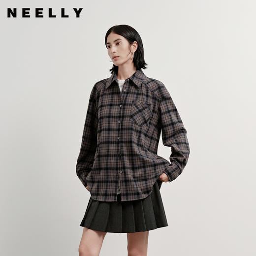 NEELLY纳俪商场同款冬季新款复古宽松格纹衬衫女韩版百搭短衬衣N25113B01148 商品图0