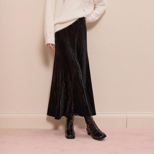 三彩2026春季新款丝绒半身裙松紧腰A字裙长裙优雅气质M 商品图1