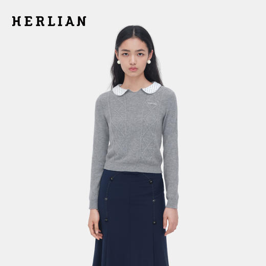 HERLIAN 2026年春季新品波点娃娃领撞色套头针织衫女上衣 商品图0