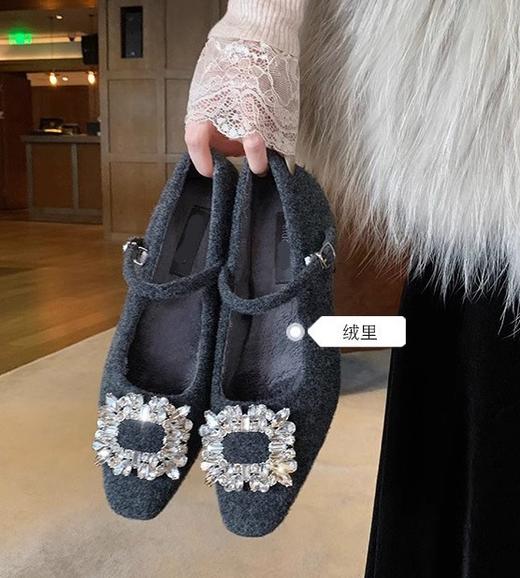 水钻毛呢玛丽珍秋冬加绒方头一字带小粗跟保暖法式女神鞋 商品图6