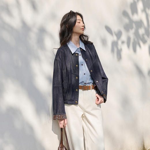 三彩2026春季新款牛仔外套显瘦开衫圆领长袖宽松上衣复古松弛S 商品图1