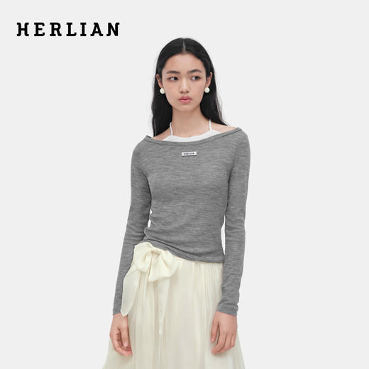 HERLIAN 2026年春季新品假两件系带挂脖合身百搭女士长袖T恤 商品图0