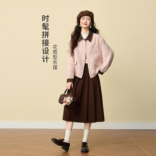 【1/21新品】熙世界巴恩风花苞短外套女2025秋冬新款复古菱格撞色翻领夹克上衣 商品图2