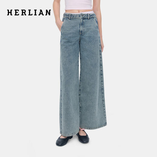 HERLIAN 2026年春季新品双腰头拼接女士阔腿显瘦水洗休闲牛仔裤 商品图0
