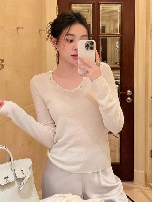 F010780冬季法式气质重工手缝钉钻领亮闪羊毛针织衫 商品图0