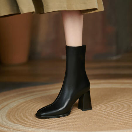 【预售5天】方头粗跟短靴牛皮加绒女靴复古单靴马丁靴高跟瘦瘦靴A08-8 商品图1