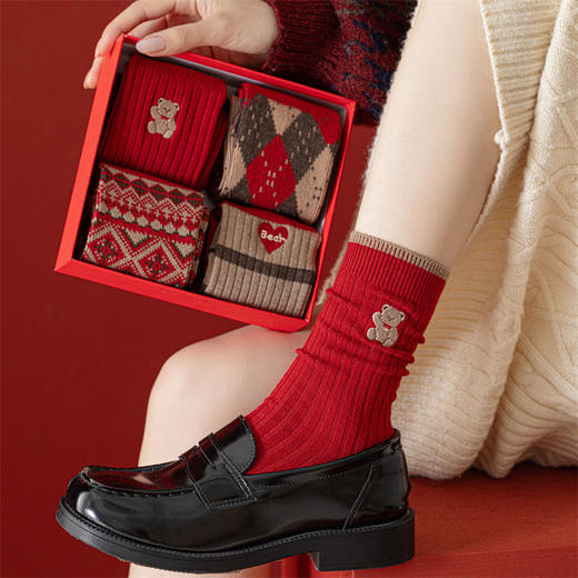 礼盒红袜子女秋冬羊绒袜加厚保暖双针无线头新年礼盒装红色中筒袜 商品图2
