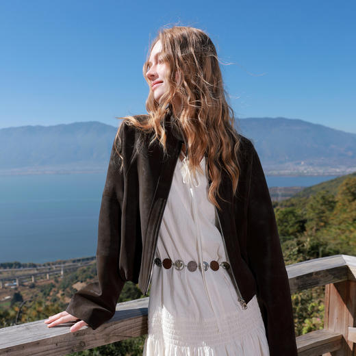 三彩2026春季新款绒感仿麂皮PU长袖外套夹克开衫短款宽松休闲M 商品图1