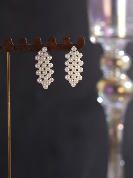 子佩集【珠帘云幕】银S925珍珠惜王妃耳钉【SPE1140004】3mm珠串珠菱形2601 商品图2