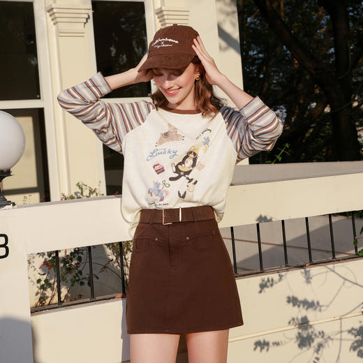 三彩2026春季新款条纹插肩袖宽松卡通印花T恤上衣套头衫休闲M 商品图3