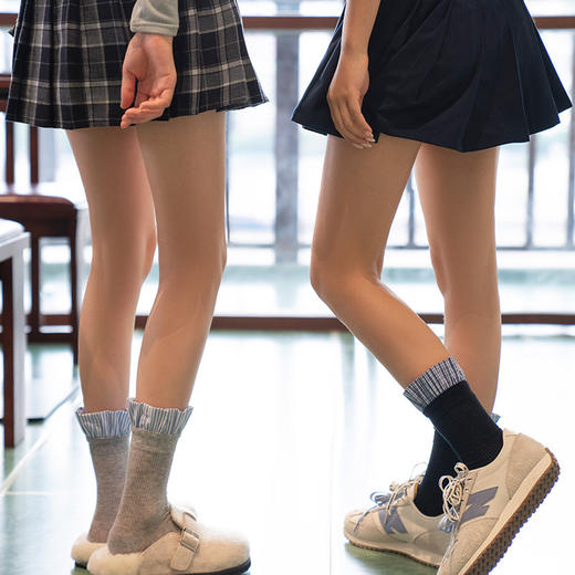 靴下物纯棉女款春秋袜子女中筒袜长袜拼色格子花边可爱日系少女 商品图4