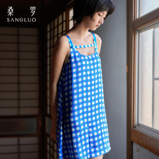复古质感』桑罗蓝白格纹睡裙桑蚕丝海岛度假双面可穿短裙 商品图1