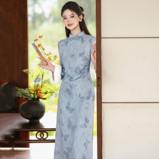 秋冬季蓝色加绒加厚国风新中式长款长袖年轻款复古改良旗袍SC22398 商品图3