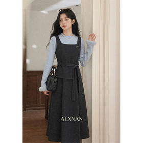 鹿向南「优雅轻性」深灰色吊带连衣裙女春季新款设计感收腰长裙