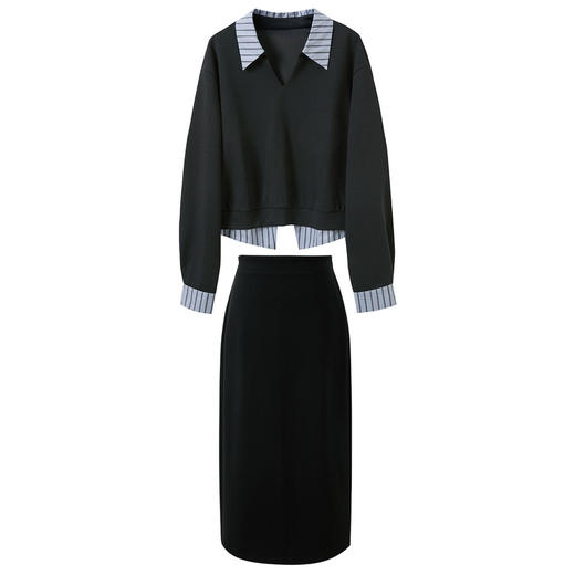 三彩2026春季新款卫衣套装套头翻领上衣直筒高腰半身裙两件套S 商品图4