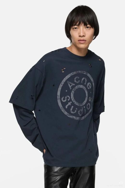 AS笑脸2026新款假两件长袖破洞水洗情侣款宽松OS 商品图0