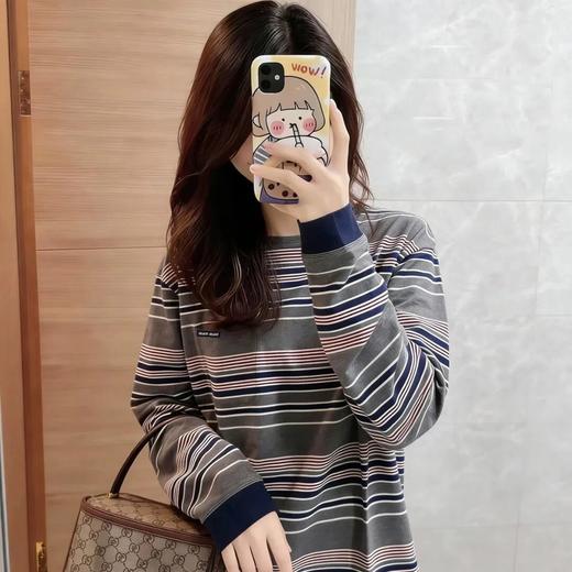 缪系~26早春红蓝条纹海报款复古条纹徽标，男女色织双纱纯棉圆领长袖 商品图0