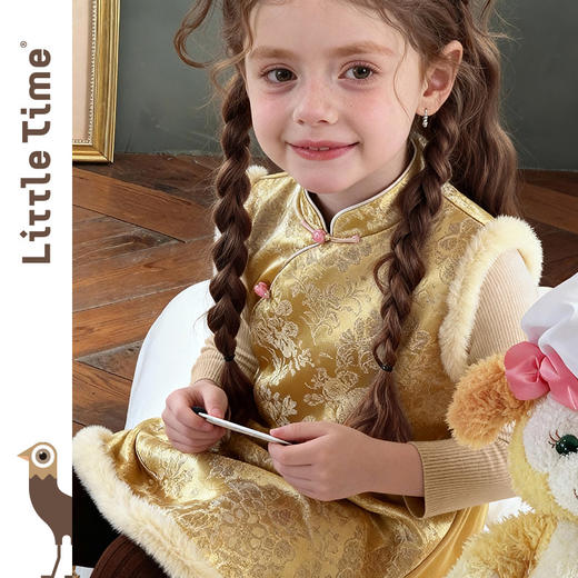 littletime女童连衣裙2025秋冬新款中式改良旗袍立领连衣裙外套 商品图2