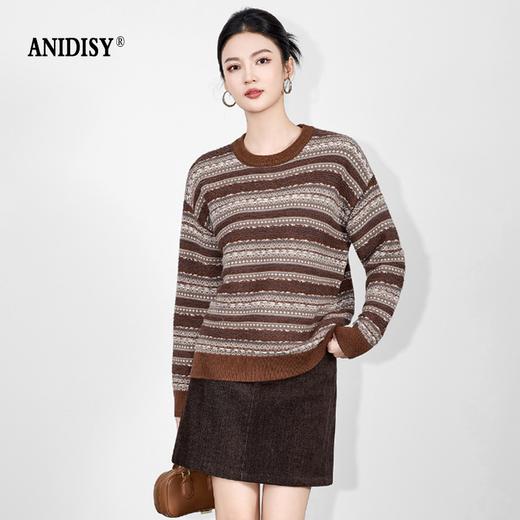 费尔岛提花圆领长袖套头针织上衣 商品图1