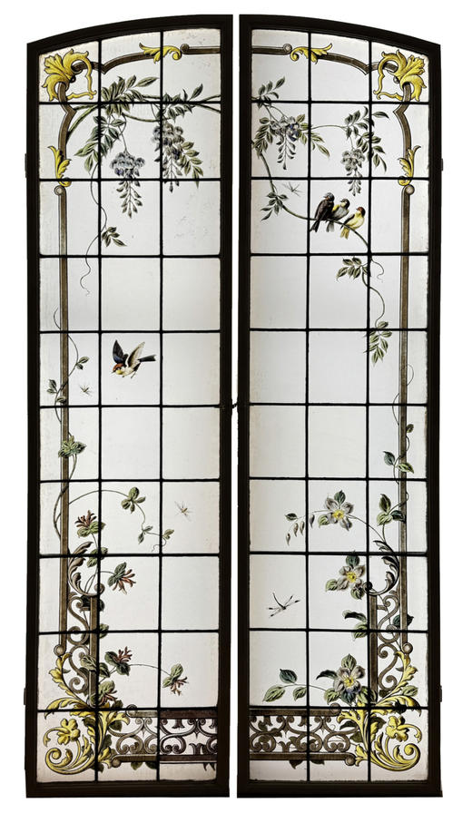 独角鹿西洋古董19世纪末法国出品新艺术风格繁花鸟雀主题彩绘玻璃花窗一对 商品图0
