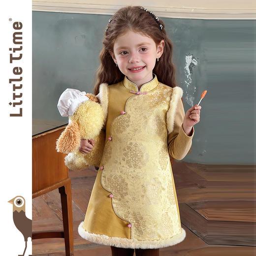 littletime女童连衣裙2025秋冬新款中式改良旗袍立领连衣裙外套 商品图4