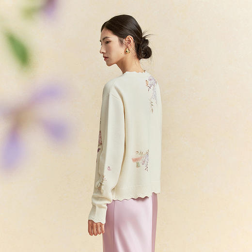 【林栖设计小店】宋瓷雅画|绵羊毛印花米白花边新中式2026春新款毛织外套1961050 商品图6