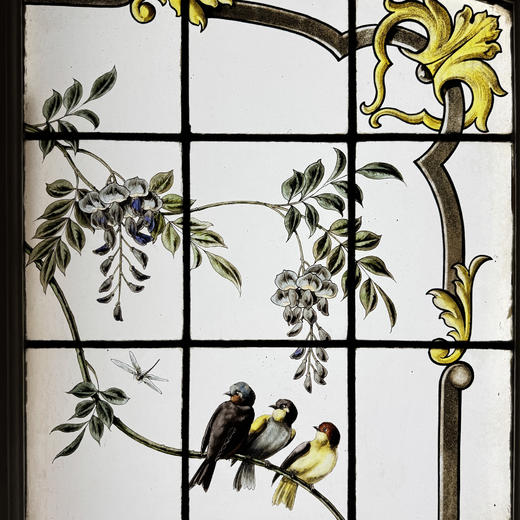 独角鹿西洋古董19世纪末法国出品新艺术风格繁花鸟雀主题彩绘玻璃花窗一对 商品图5