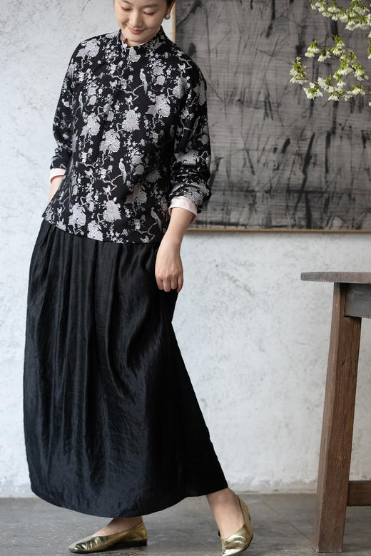 牧衣游原创 丝麻净色半身裙黑色通勤百搭显瘦垂感宽松A字裙 暮四 商品图5