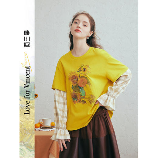 两三事梵高文艺轻氧漫游2026春季新款格子拼接袖假两件印花t恤女 商品图0