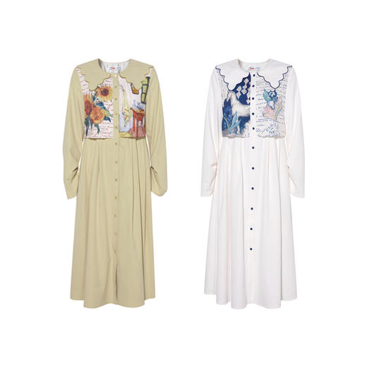 两三事梵高文艺微风呢喃2026春季新款森女风印花拼接假两件连衣裙 商品图4