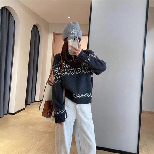 氛围感费尔岛毛衣！双色几何提花羊毛半门襟立领毛衣女2026秋冬新款！ 商品图1