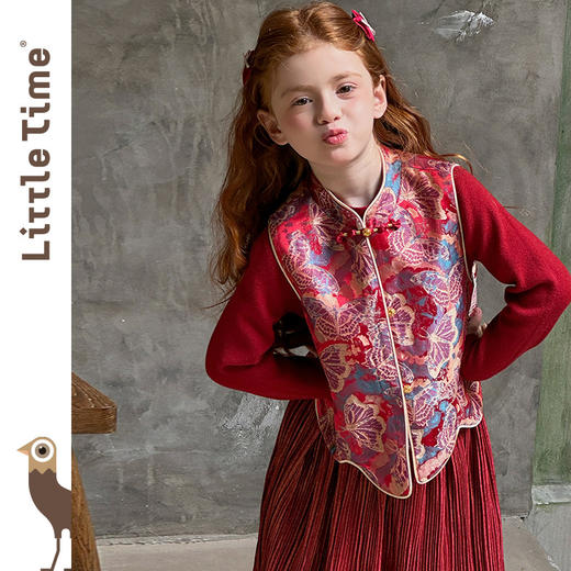 littletime女童套装2025新中式红色马甲套装中国风立领盘扣拜年服 商品图2