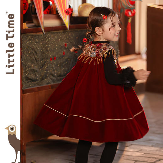 littletime新中式红色丝绒连衣裙女童流苏刺绣新年拜年服公主裙 商品图3