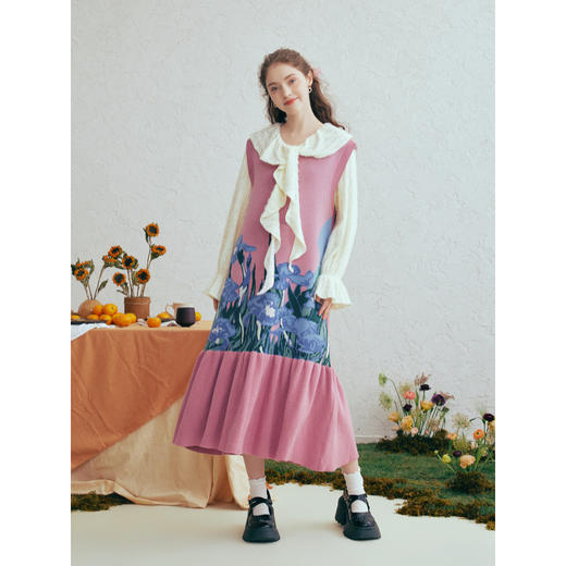 两三事梵高文艺汀兰絮语2026春季新款小清新印花毛织背心裙连衣裙 商品图1